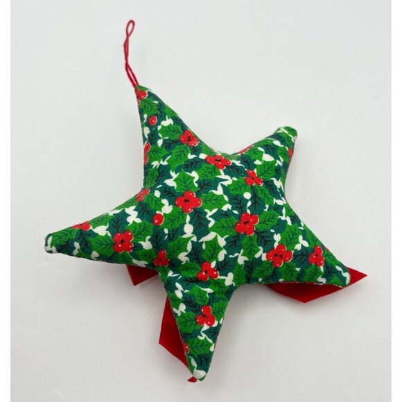 Handmade Star Christmas Tree Ornament Vintage with Red Velvet Bow Holly Print - Picture 2 of 6